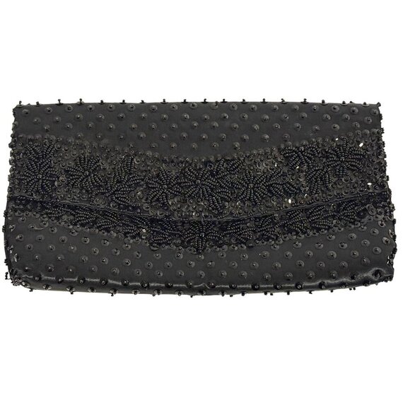 Vtg Black Beaded Satin Evening Clutch Micro Bead Flowers Snap Close Hong Kong - Picture 3 of 11